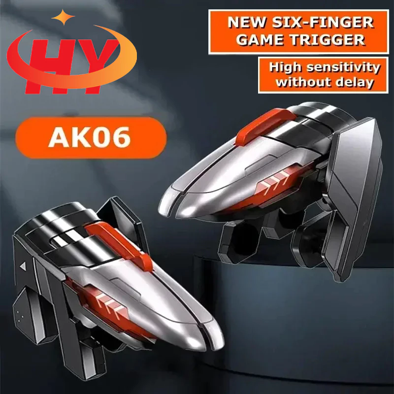 Hy AK06 ใหม่หกนิ้วโทรศัพท์มือถือเกมคอนโทรลเลอร์สําหรับ PUBG Aim Shooter Gaming Trigger L1R1 ปุ่มคีย์สําหรับ IP/Android Gamepad