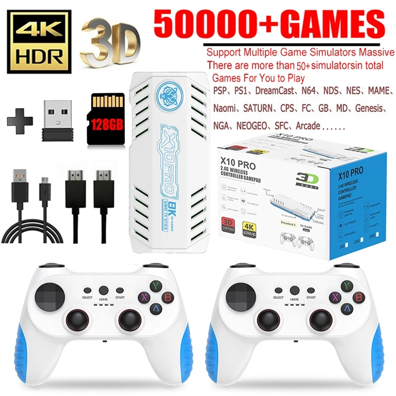 รุ่นล่าสุด X10 Pro Gaming Sticks 4K HD Retro คอนโซลพร้อม 128GB 50000+วิดีโอเกมและคอนโทรลเลอร์ไร้สายพร้อม 50+ จําลอง