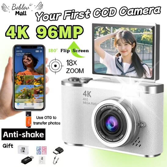 กล้องดิจิตอล 4K 96MP 180° 2.4นิ้วพลิกเลนส์กล้องถ่ายภาพพลิกหน้าจอSelfileกล้อง2.4นิ้วกล้องวิดีโอหน้าจอสําหรับนักเรียนVlog