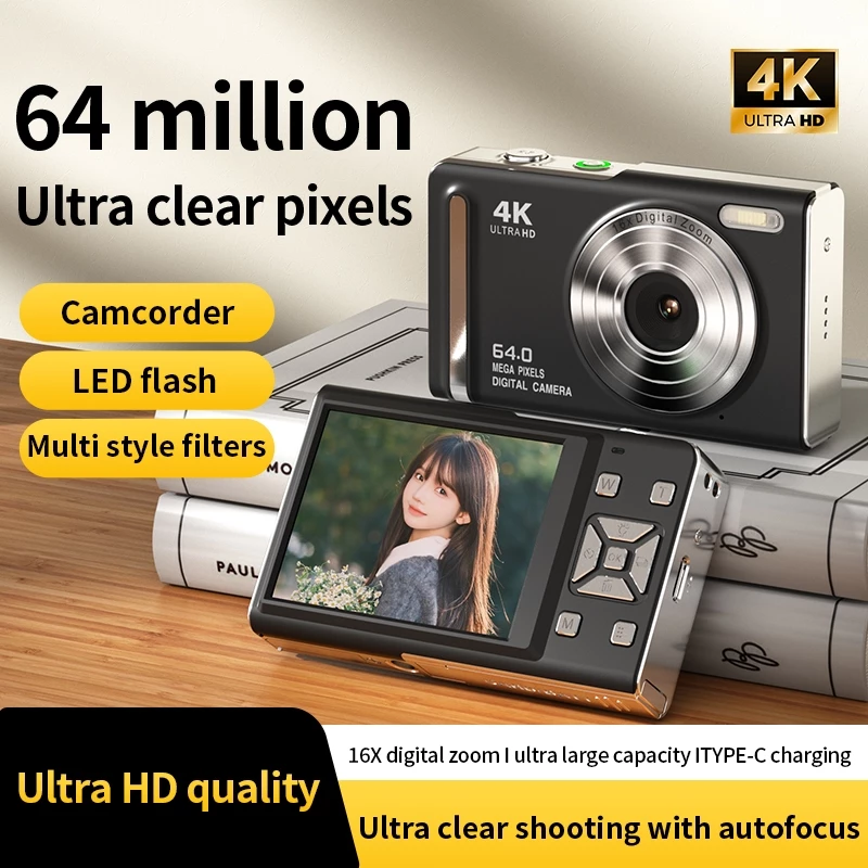 กล้องดิจิตอล 4K 64MP 2.8 หน้าจอ LED แฟลช 16X ซูม Anti-Shake OTG อายุการใช้งานแบตเตอรี่ยาวนานกรอง Vlogging กล้อง