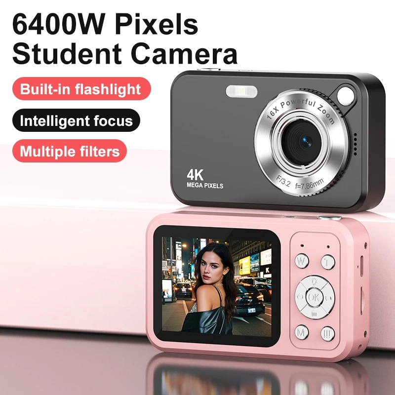 กล้องดิจิตอล 4K 64MP CCD สําหรับนักเรียน - หน้าจอ 2.4 "16X ซูมกล้อง Retro ขนาดกะทัดรัดพร้อมแฟลช LED, ออโต้โฟกัส, กล้อง Vlogging แบบพกพาสําหรับ Campus/Travel/selfie