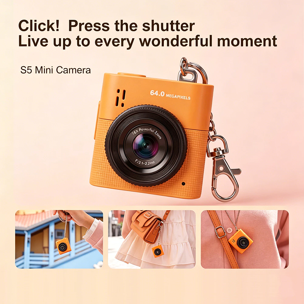 มินิพวงกุญแจกล้อง 64MP HD กล้องดิจิตอลพร้อมตัวกรองซูม 16X หน้าจอ 1.4 "กล้อง Vlog แบบพกพาสําหรับเด็กและวัยรุ่น