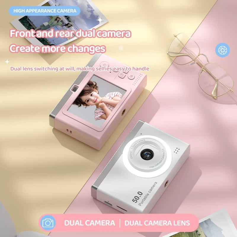 กล้องดิจิตอล 50MP กล้อง CCD 1080P Vlogging กล้องขนาดกะทัดรัดแบบพกพาพร้อมซูม 8X เติมแสงสําหรับนักเรียนเด็ก