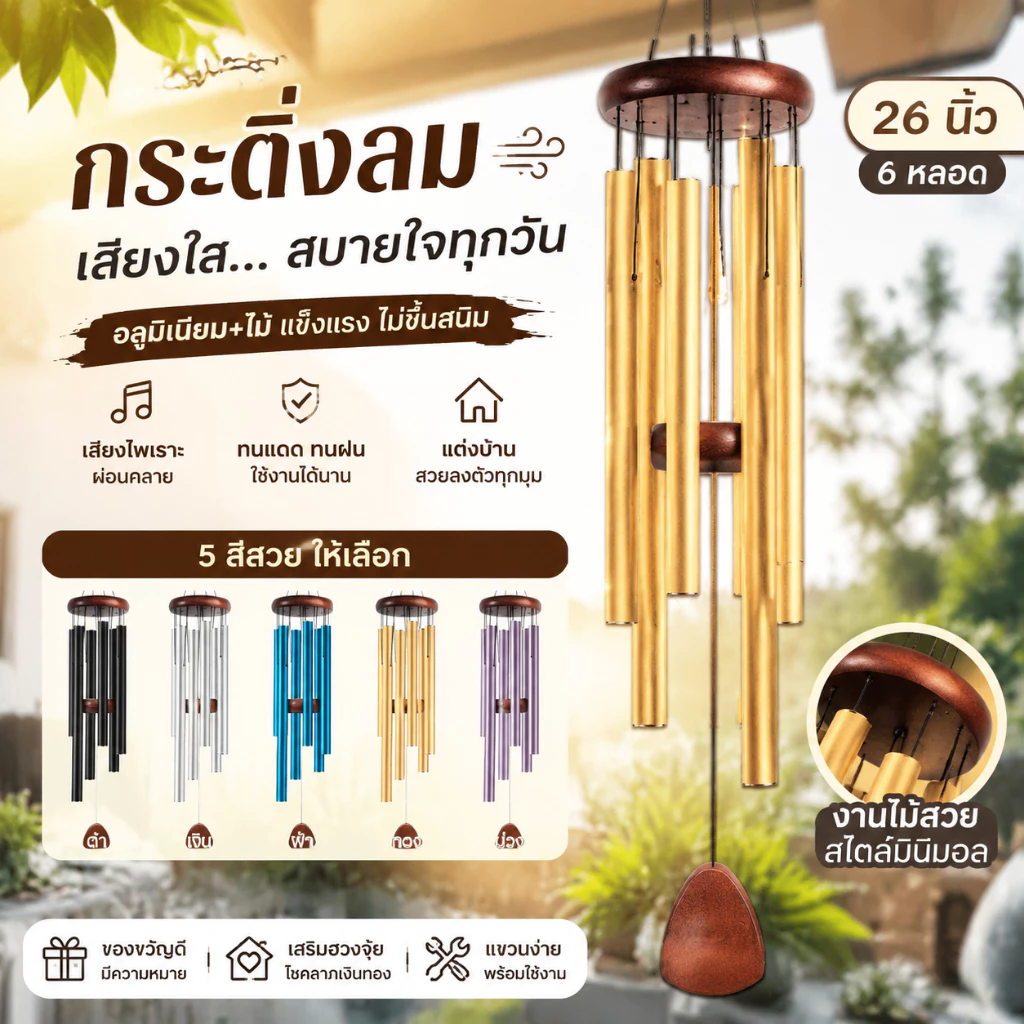 กระดิ่งลมโลหะ 26 นิ้ว 6 หลอด อลูมิเนียม+ไม้ Wind Chimes แขวนระเบียง แต่งสวน แต่งบ้านมินิมอล สีดำ/เงิน/ฟ้า/ทอง/ม่วง