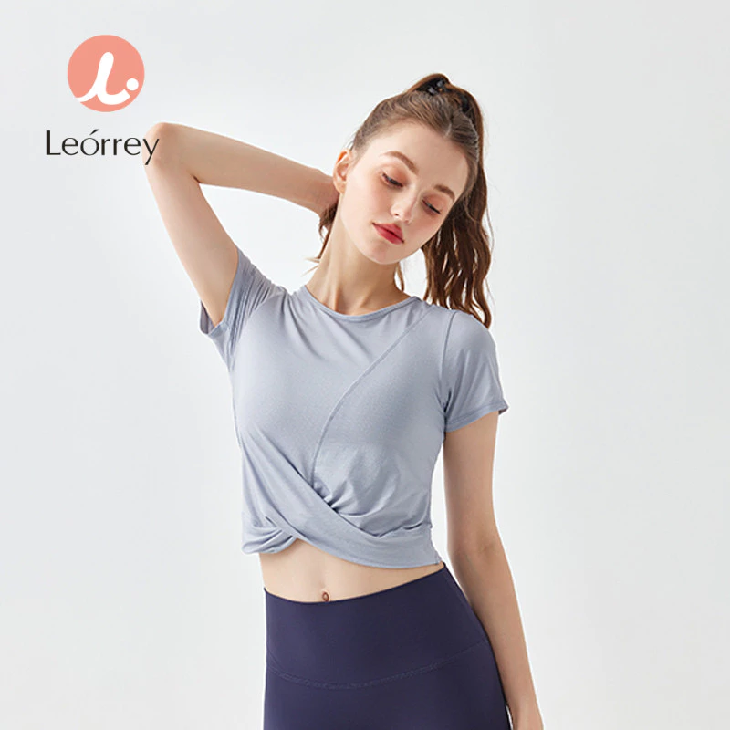 Leorrey-เสื้อยืดกีฬาแขนสั้น ชุดโยคะ ระบายอากาศ กระชับสัดส่วน แห้งเร็ว วิ่งและออกกำลังกาย