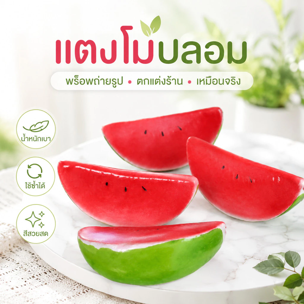แตงโมปลอม ผ่าซีก ผลไม้จำลอง แตงโม ผลไม้ปลอม ผักผลไม้ปลอม สำหรับตกแต่งร้านอาหาร แต่งบ้าน แต่งร้านค้า