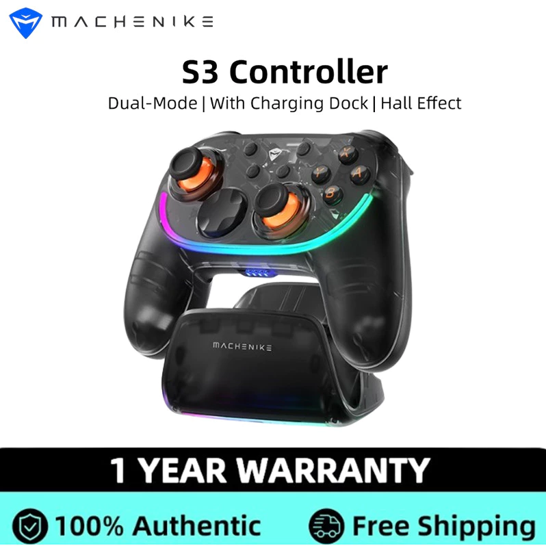 Machenike S3 ปุ่มสวิทช์ Dual-Mode Gaming Controller พร้อมแท่นชาร์จ Full Fog โปร่งใส RGB Hall Effect จอยสติ๊ก 1000Hz Gamepad