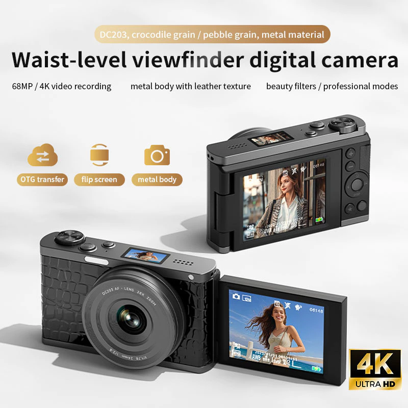 กล้องดิจิตอล 4K วิดีโอ 68MP พร้อมหน้าจอพลิก, กล้อง Vlog ขนาดกะทัดรัดซูม 28X พร้อมช่องมองภาพระดับเอว, ตัวกรองความงามและการถ่ายโอน OTG