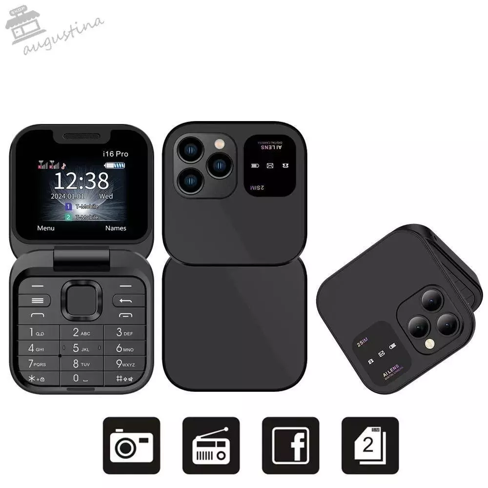 AUGUSTINA Mini Flip โทรศัพท์มือถือ, I16Pro 2SIM Card Flip โทรศัพท์พับได้, เครื่องเล่นวิดีโอการสั่นสะเทือน 3.5 มม.แจ็ควิทยุ FM ผู้หญิงพลิกโทรศัพท์มือถือขนาดเล็ก