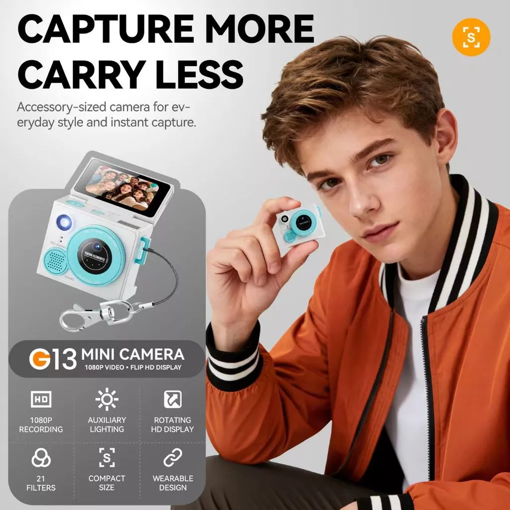 Mini Flip Selfie Screen Thumb Camera 1080P HD Recorder โฟกัสอัตโนมัติแบบพกพา Dual-เลนส์ Retro กล้อง