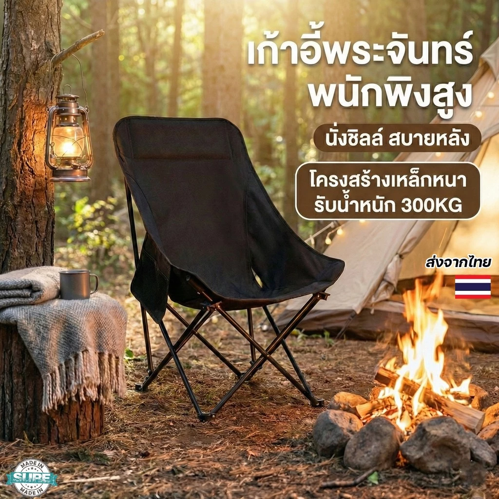 เก้าอี้แคมป์ปิ้งพนักพิงสูง เก้าอี้สนามพับได้ นั่งพักผ่อนสบาย เก้าอี้พระจันทร์ แถมถุงเก็บ รับน้ำหนัก 300KG