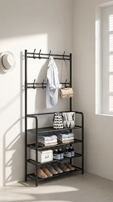 Giảm thanh kho!! Hemnes Rack với giá đỡ và móc treo áo, túi xách, mũ + kệ để giày 4/5 tầng kèm vải Non woven chống nước #ShopeeVideo #hàngđẹpgiárẻ