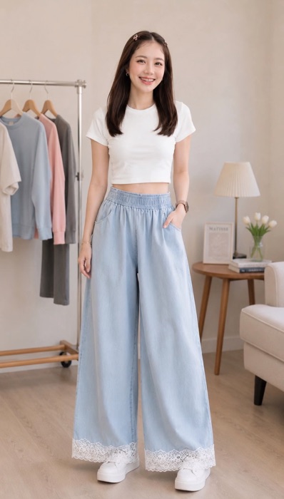 #Quần rộng cạp may ren nữ 2026 mới eo cao, dáng thẳng, rộng rãi, 9 điểm #Quần casual  ins
