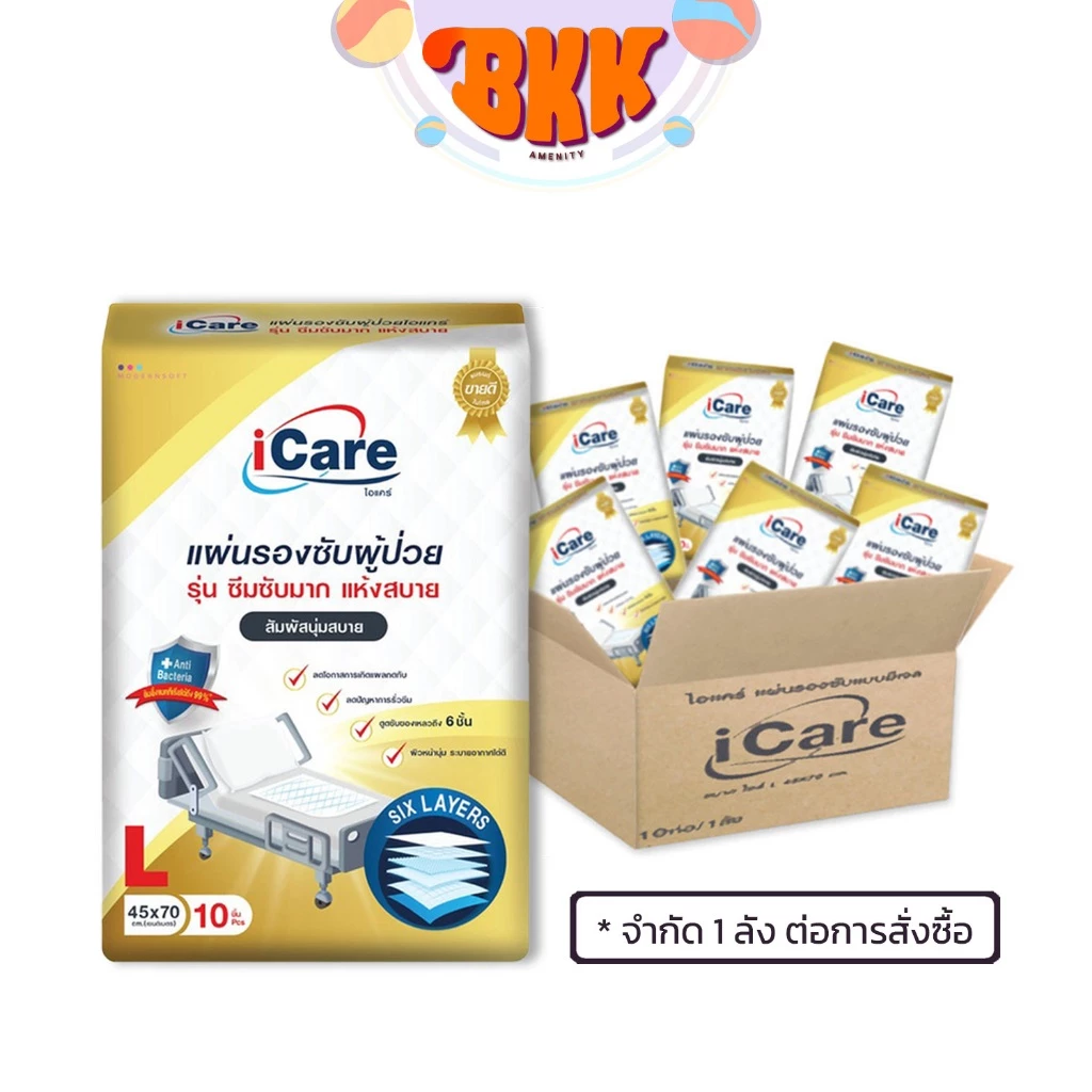 แผ่นรองซับ ผู้ใหญ่ iCare Size L ขนาด 45 x 70 cm. แพ็คเกจใหม่  [แบบยกลัง 100 ชิ้น / ลัง] พร้อมจัดส่งด่วน