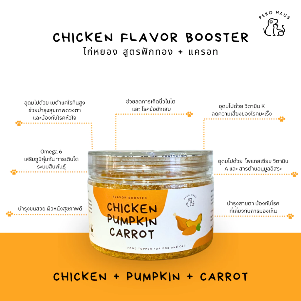 PEKO Chicken Flavor Booster ไก่หยอง (สูตรแครอท+ฟักทอง) บำรุงขน สายตา กล้ามเนื้อ เพิ่มความอยากอาหาร สำหรับสุนัขและแมว 60g พร้อมจัดส่งด่วน
