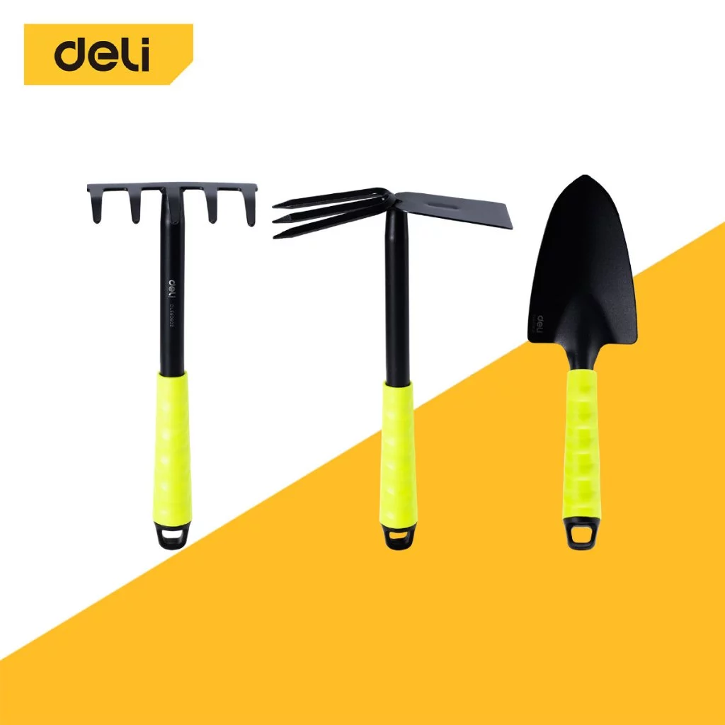 Deli ชุดอุปกรณ์ทำสวน พรวนดิน พลั่ว จอบ คราด จอบขุดดิน 3 ชิ้น อุปกรณ์ ทำสวน ชุดเครื่องมือทำสวนขนาดเล็ก Three-Tooth Harrow