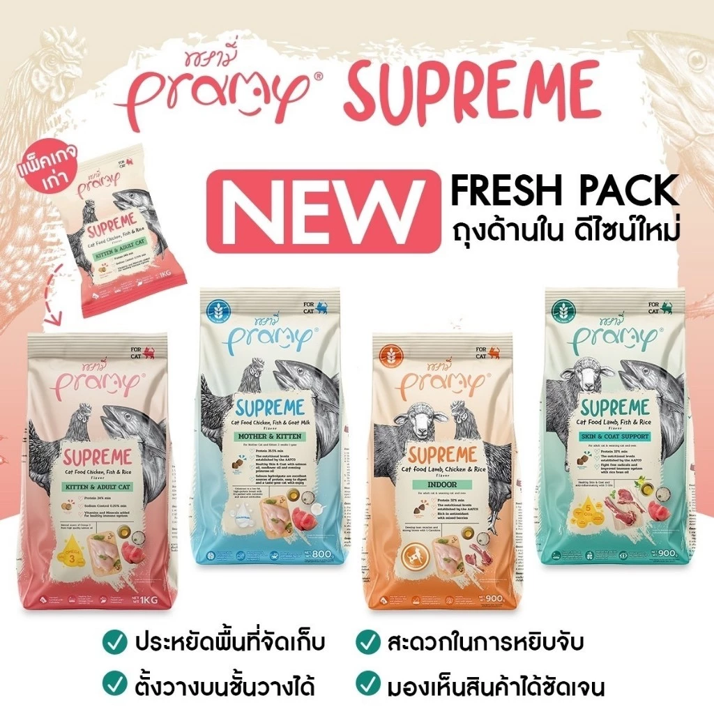 (แบ่งขาย kg)อาหารเม็ด Pramy Supreme พรามี่ ซูพรีม เหมาะสำหรับแมวทุกช่วงวัย แบบแบ่งขาย ขนาด 800-1kg
