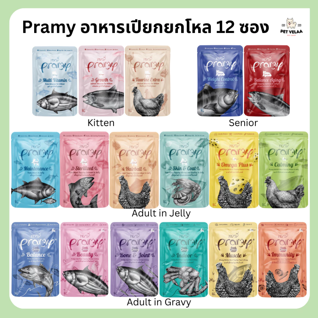 [12ซอง] Pramy พรามี่ อาหารเปียกแมว สูตรสำหรับลูกแมว แมวโต แมวสูงวัย ขนาด 70g. ยกโหล ไม่คละรส พร้อมจัดส่งด่วน