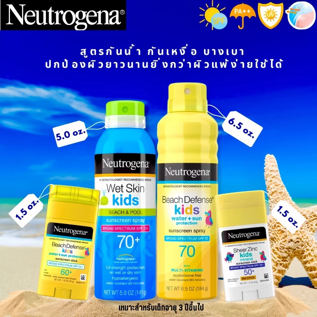 นำเข้า🇺🇸 กันแดดเด็กกันน้ำ Neutrogena Beach Defense Sunscreen ครีมกันแดดแบบสเปรย์, Stick สำหรับเด็ก 3 ปีขึ้นไป