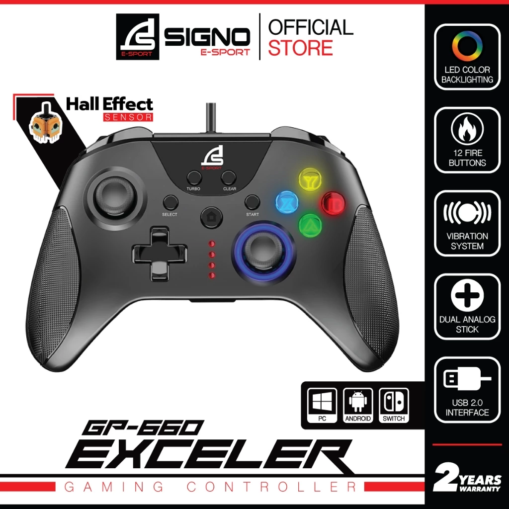 SIGNO GP-660 จอยเกมมิ่ง Gaming Controller Hall Effect มีปุ่ม Mapping ไฟ LED สายยาว 2 ม. เชื่อมต่อแบบ USB