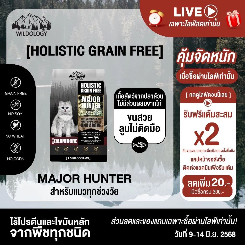 อาหารแมวแบบเม็ดโฮลิสติกเกรนฟรี ไวลด์โอโลจี MAJOR HUNTER สำหรับแมวทุกอายุตั้งแต่ 3 เดือน - 7 ปี [ MH ]