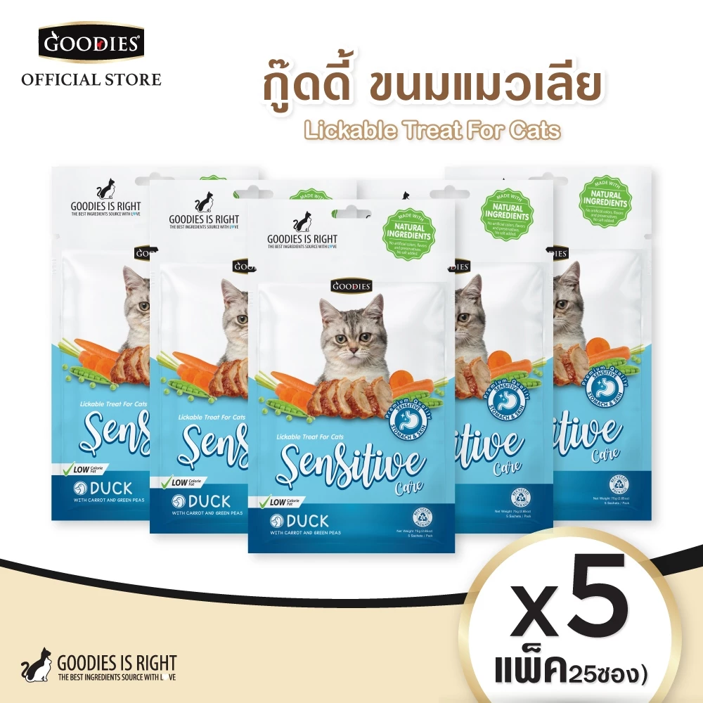 กู๊ดดี้ขนมแมวเลีย รสเป็ด Set 5 แพ็ค (สูตร Sensitive Care สำหรับแมวแพ้ง่าย) พร้อมจัดส่งด่วน