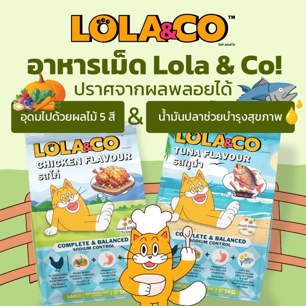 Lola & Co อาหารแมวแบบเม็ด มี 2 สูตรให้เลือก เนื้อไก่ และ ปลาทูน่า ขนาด 1kg พร้อมจัดส่งด่วน