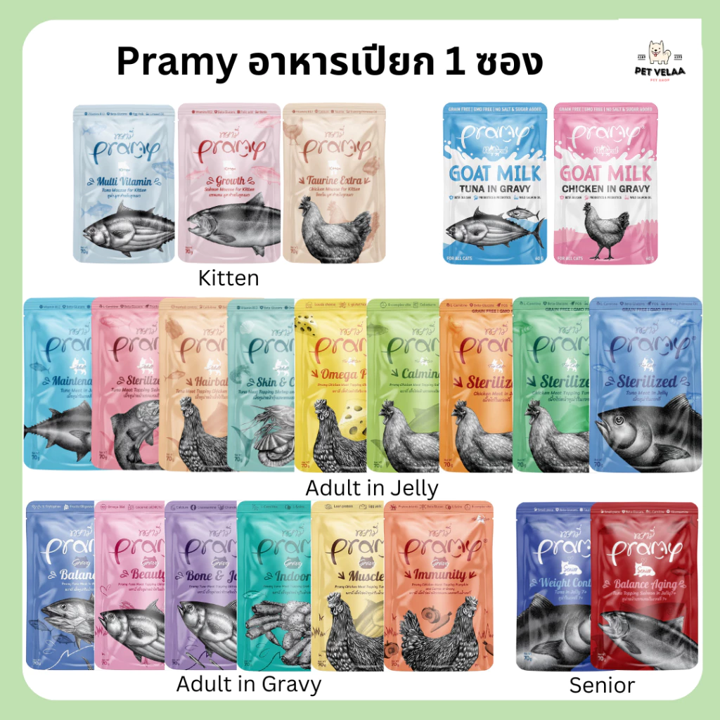 (1ซอง)Pramy อาหารเปียกแมว อาหารเปียกลูกแมว อาหารเปียกแมวโต อาหารเปียกแมวสูงวัย ในมูส เจลลี่ เกรวี่ ขนาด 70g. พร้อมจัดส่งด่วน