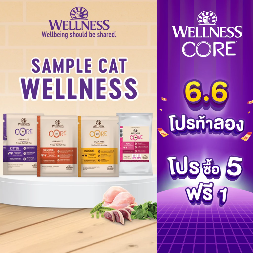 [สินค้าตัวอย่าง] WELLNESS CORE อาหารแมว มีให้เลือกหลายสูตรทุกช่วงวัย (แมวเด็ก - แมวโต) พร้อมจัดส่งด่วน