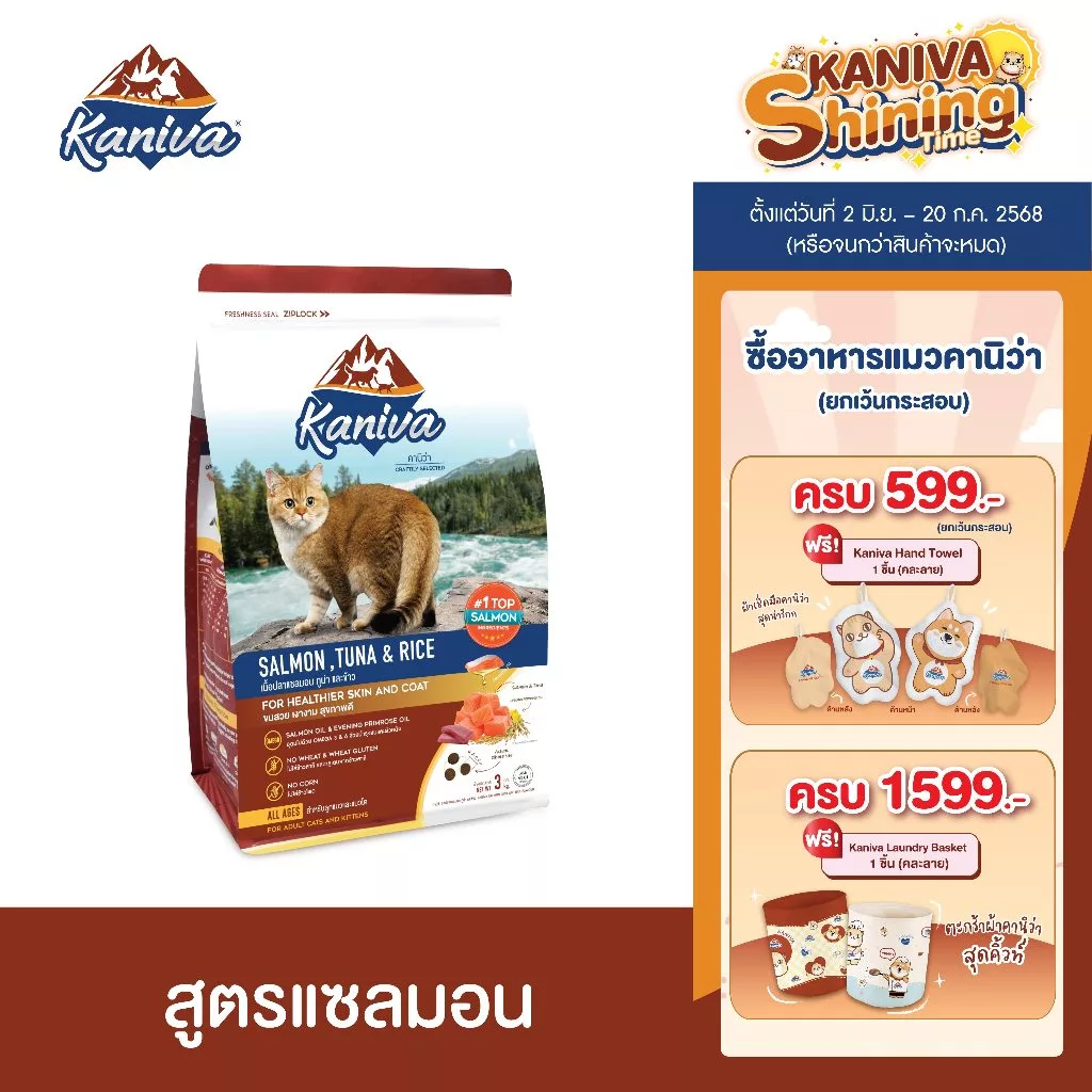 Kaniva Salmon 3 KG. อาหารแมว สูตรเนื้อปลาแซลมอน ปลาทูน่าและข้าว บำรุงผิวหนังและขน เน้นขนสวยสุขภาพดี สำหรับแมวทุกช่วงวัย พร้อมจัดส่งด่วน