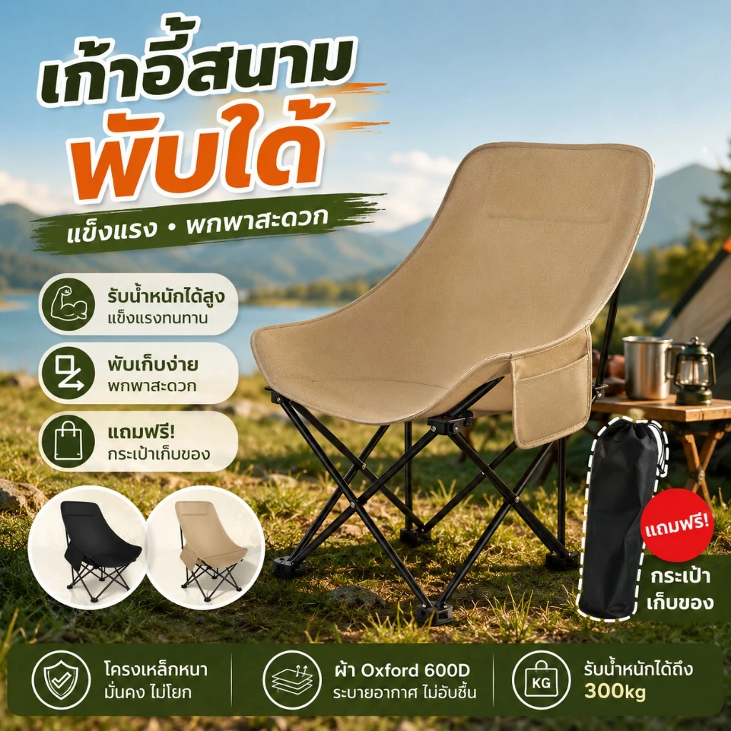 เก้าอี้แคมป์ปิ้ง เก้าอี้พระจันทร์ เก้าอี้สนาม พนักพิงปรับระดับได้ 3 ระดับ พับเก็บได้ พกพาสะดวก รับน้ำหนักได้ 300กิโล