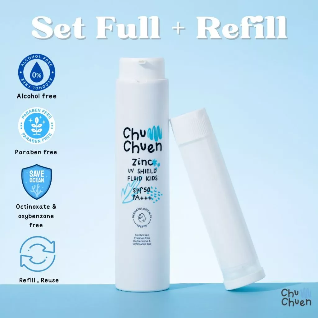 Refill 1 + กันแดด 1 ขวด ครีมกันแดด ชุ่มชื่น Chumchuen zinc UV shield fluid kids SPF 50 PA+++ ( ขนาด 50 ml )