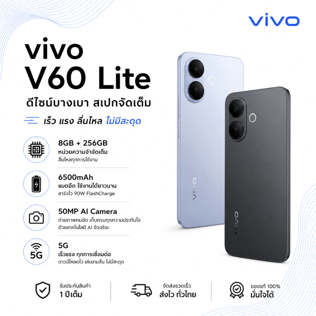 vivo V60 Lite 5G โทรศัพท์มือถือ 8GB+256GB 6500mAh และชาร์จไว 90W ประกันศูนย์ 1 ปี