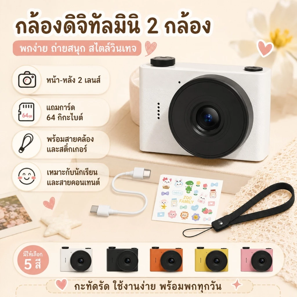 กล้องดิจิตอลมินิ A5 กล้องนักเรียนพกพา หน้า-หลัง 2 กล้อง สไตล์วินเทจ ถ่ายรูปวิดีโอ พร้อมการ์ด 64GB