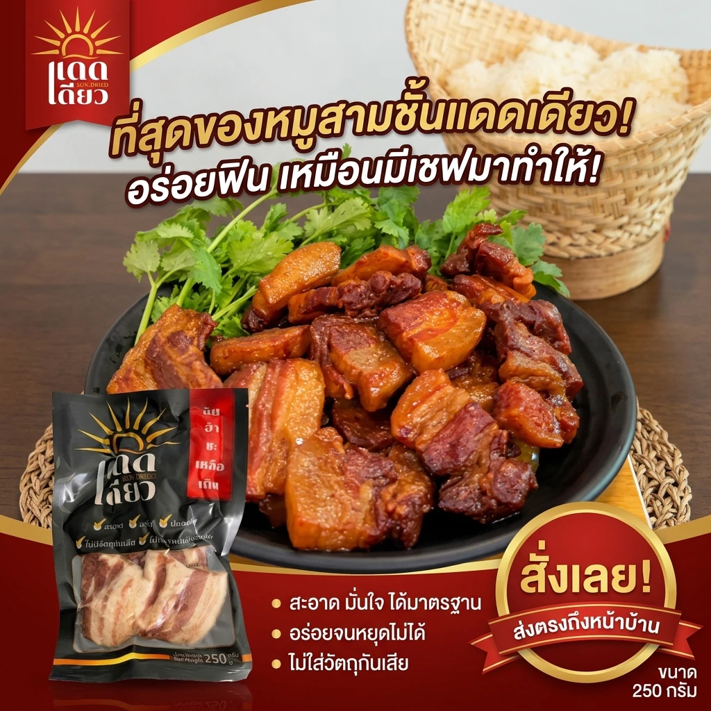 หมูสามชั้นแดดเดียวพรีเมี่ยม อบลมร้อน